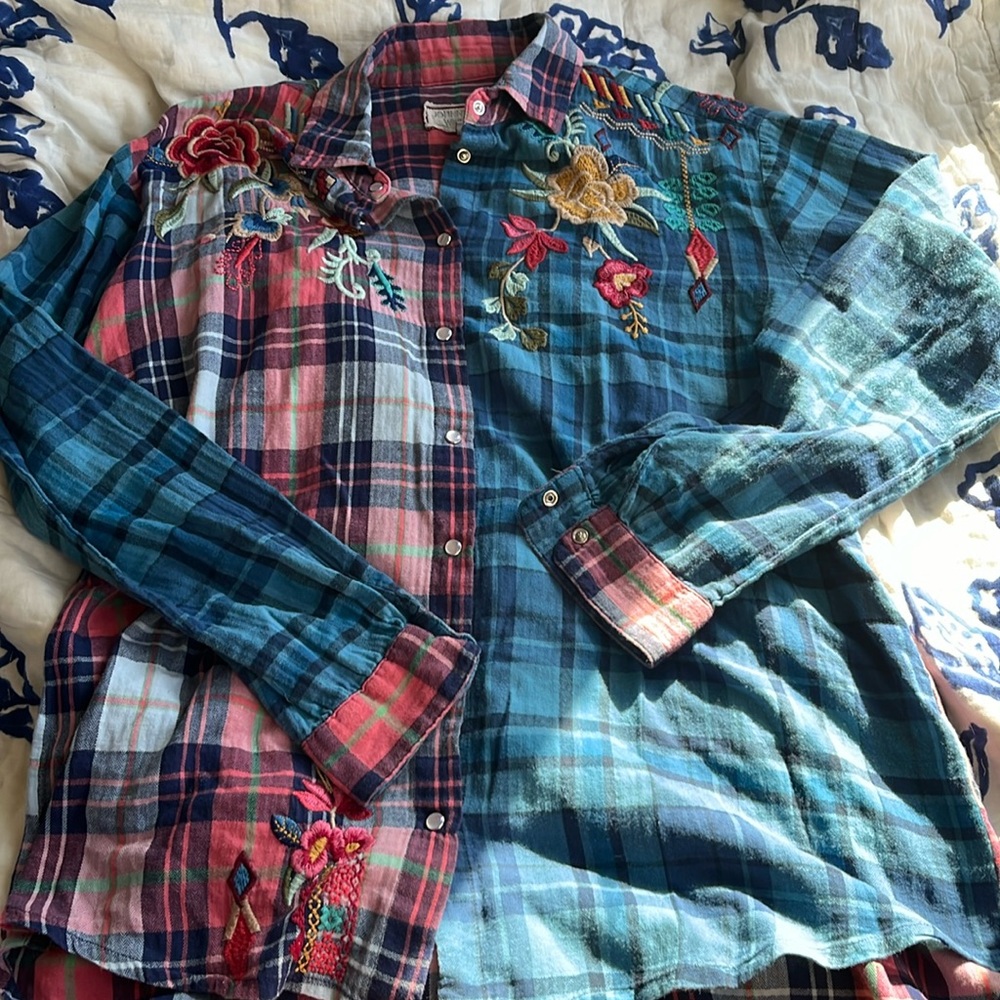 Johnny Was Workshop dual plaid and embroidered snap front long sleeve shirt XS